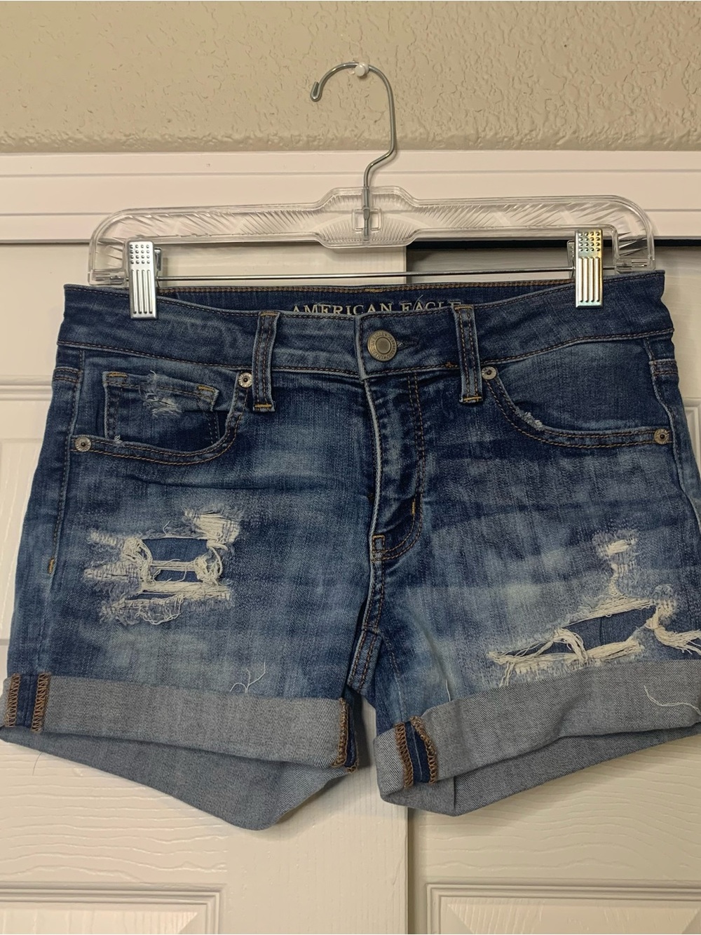 American Eagle Outfitters Blue Distressed Rolled Cuff Jean Shorts